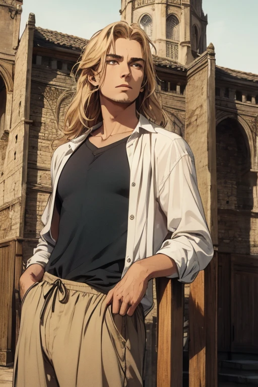 (Qualidade excelente), (high resolution), (jogo absurdo) ((homem)), (olhos), Dez e meia, cabelo branco, cabelo desgrenhado, ((paladino)), ((camisa, pants)), character looking at the camera, rosto detalhado, ((medieval)), ((Bang)), (((roupas simples))), retrato, olhos pequenos, guerreiro viajado