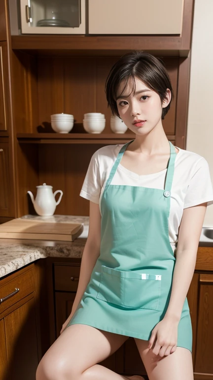 (8k, RAW Photos, highest quality, masterpiece: 1.2), Very detailed, Super Resolution, (Genuine, Genuine photos: 1.37)，slippers，(apron)，，kitchen，((Short Crop Hair))，