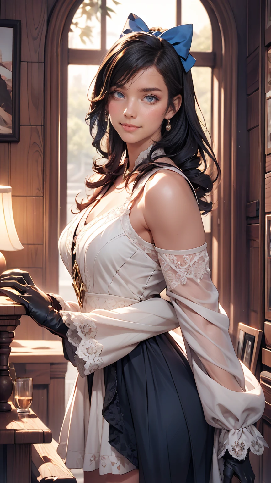 Beautiful mature woman in water,Realistic, masterpiece, Final Details, Photo Real, Intricate details, Octane Rendering, 8k, One girl, Perfect face, Beautiful Face, New South Wales, Tank Reference, Hair Details,, 黒いbow, Black gloves, Black legs, blue eyes, Blue Hair, bow, dress, Drill Hair, frills, Mitt, Gwen, ヘッドdress, High resolution, Long Hair, Opened lips, Puffy sleeves, Purple eyes, smile, alone, White dress, Oilskin,