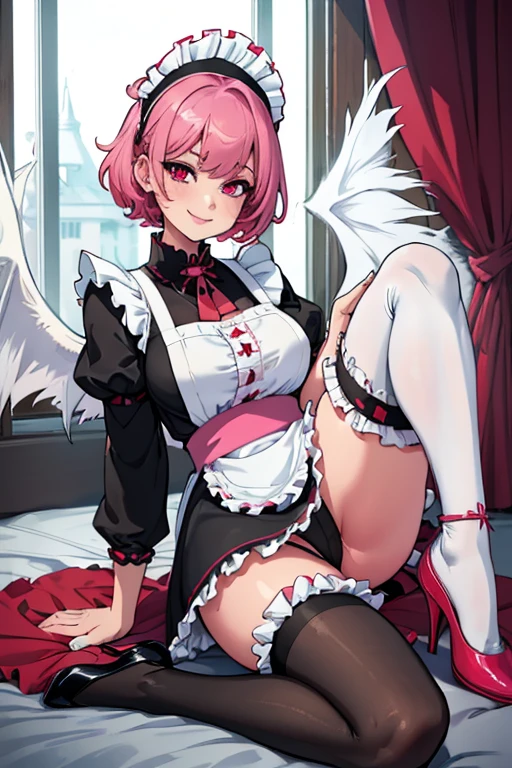 female, pink short hair, red eyes, (((1girl))), (((black maid uniform with white frills))), (white apron), (white thigh high socks), (black heels), demon tail, demon wings, cute and sexy, full body, modest breasts, modest butt, long legs, smiling
