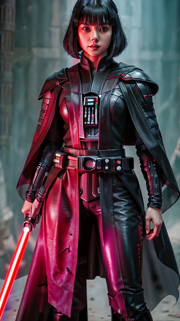 15 years old oriental girl, short bob cut black hair, bang, evil grin, pale skin, sith lord from star wars, wearing dark armor, black cape, holding a red lightsaber, modelling pose, cowboy shot, Ultra high res, uhd, (photorealistic:1.4), lighting from below
