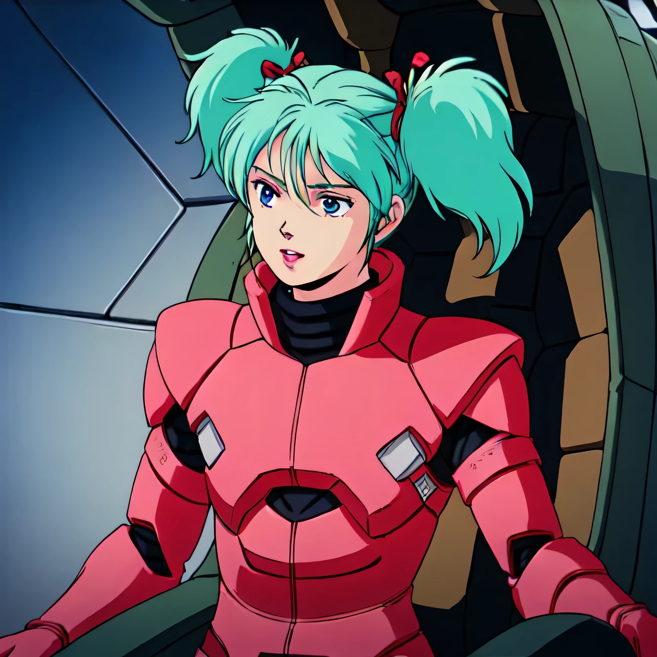 masterpiece,high quality,alone, Kespalaya,One girl, Long Hair,Short Twin Tails,Hair Ribbon,Aqua Hair,blue eyes,lipstick, Pilot Suit, gloves, cockpit,space,

