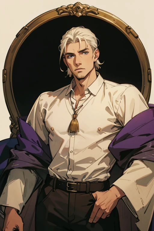 (Qualidade excelente), (high resolution), (absurd play) ((homem)), (Macho), Dez e meia, cabelo branco, cabelo desgrenhado, ((paladino)), ((camisa, pants)), character looking at the camera, rosto detalhado, ((medieval)), ((Bang)), (((roupas simples))), retrato, olhos pequenos, guerreiro viajado