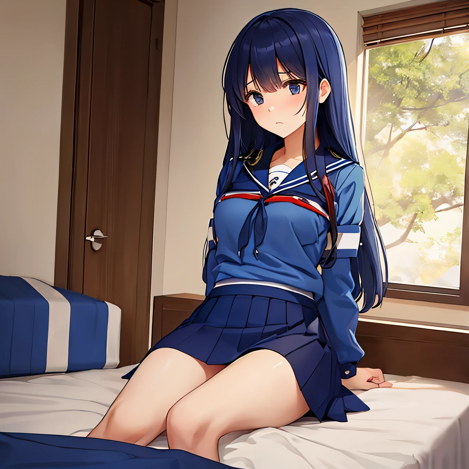 A beautiful female college student wearing a navy blue tight skirt and a blue shirt has been , tied up, and confined in what appears to be a bedroom.、I look very sad、whole body立ち姿、whole body