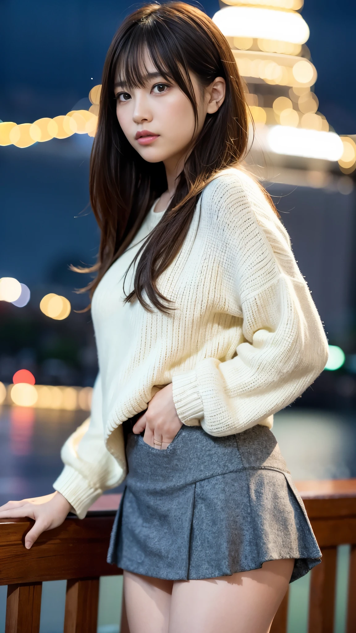 1 girl、(Looking at the audience)、(Bokeh:1.1)、Lips parted、Expressionless、Realistic、tights、skirt、Skyline、Realistic、アップskirt、skirtリフト、highest quality、masterpiece:1.3、超A high resolution、View from below:1.25 、Panties close up:1.35、Embarrassed look、The background is a night view、(Look Viewer:1.3)、(Beautiful Face:1.2)