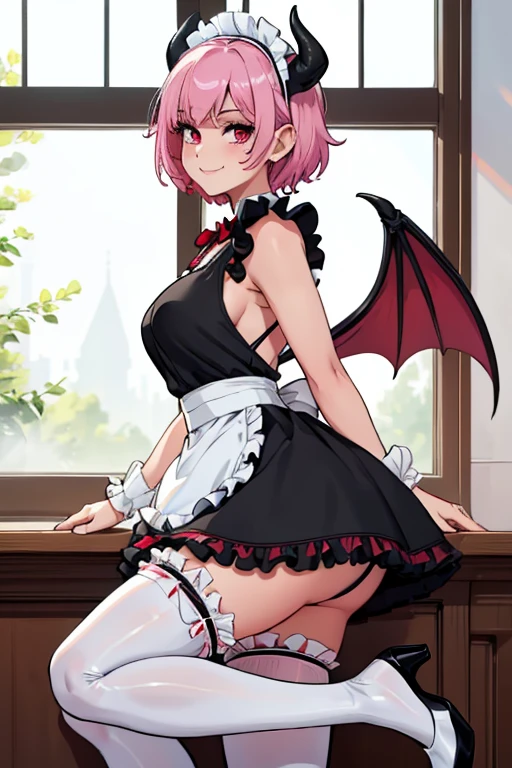 female, pink short hair, red eyes, (((1girl))), (((black maid uniform with white frills))), (white apron), (white thigh high socks), (black heels), demon tail, demon wings, cute and sexy, full body, modest breasts, modest butt, long legs, smiling