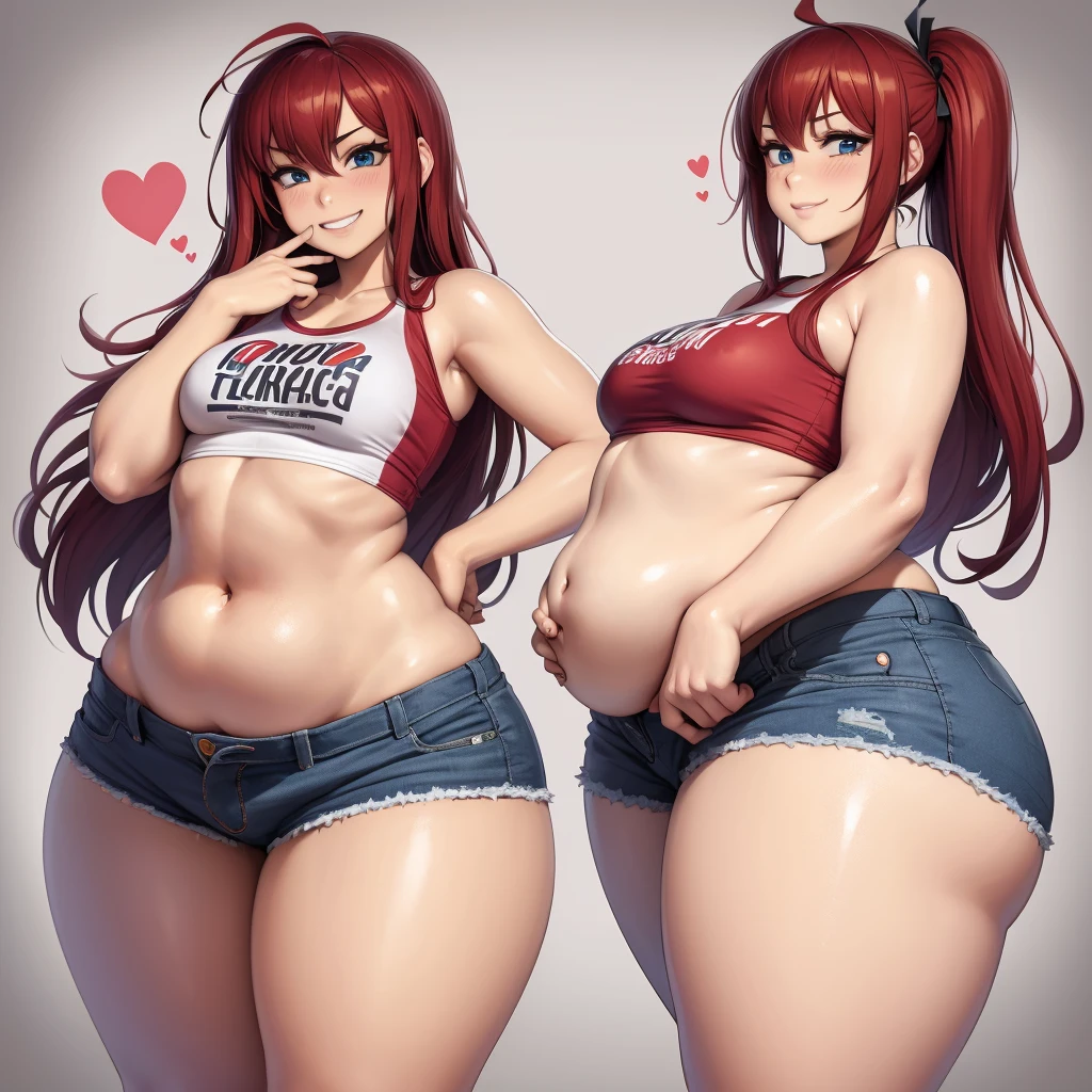 Your beautiful gorgeous sexy curvy tomboy girlfriend wearing a crop top and booty shorts,solo, blushing, grinning, accidentally cute pose, she knows you’re trying to make her fatter, she loves you, heavy chubby belly, wide hips, massive round heavy breasts, massive wide round heart shaped shelf bubble butt, long red hair, beautiful blue eyes, small tight revealing clothes,
