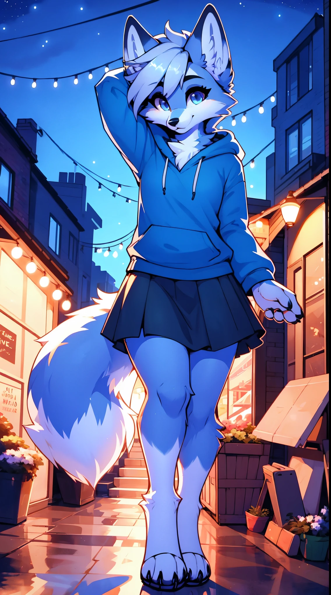 a full body, anthropomorphic blue fox girl wearing a blue hoodie, skirt, fox  face, cute face, glossy fur, big fluffy neckfur, posing for a picture in a hill at night with a city in the distance
