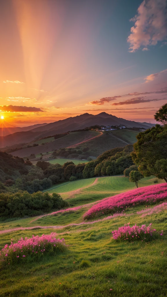 Spectacular landscapes that highlight the beauty and mystery of nature Soft sunset and dawn tones(orange、pink、green)
style: Simple and clean、A mountain silhouetted against a sunset, with the landscape at the center、The sky is filled with soft colors