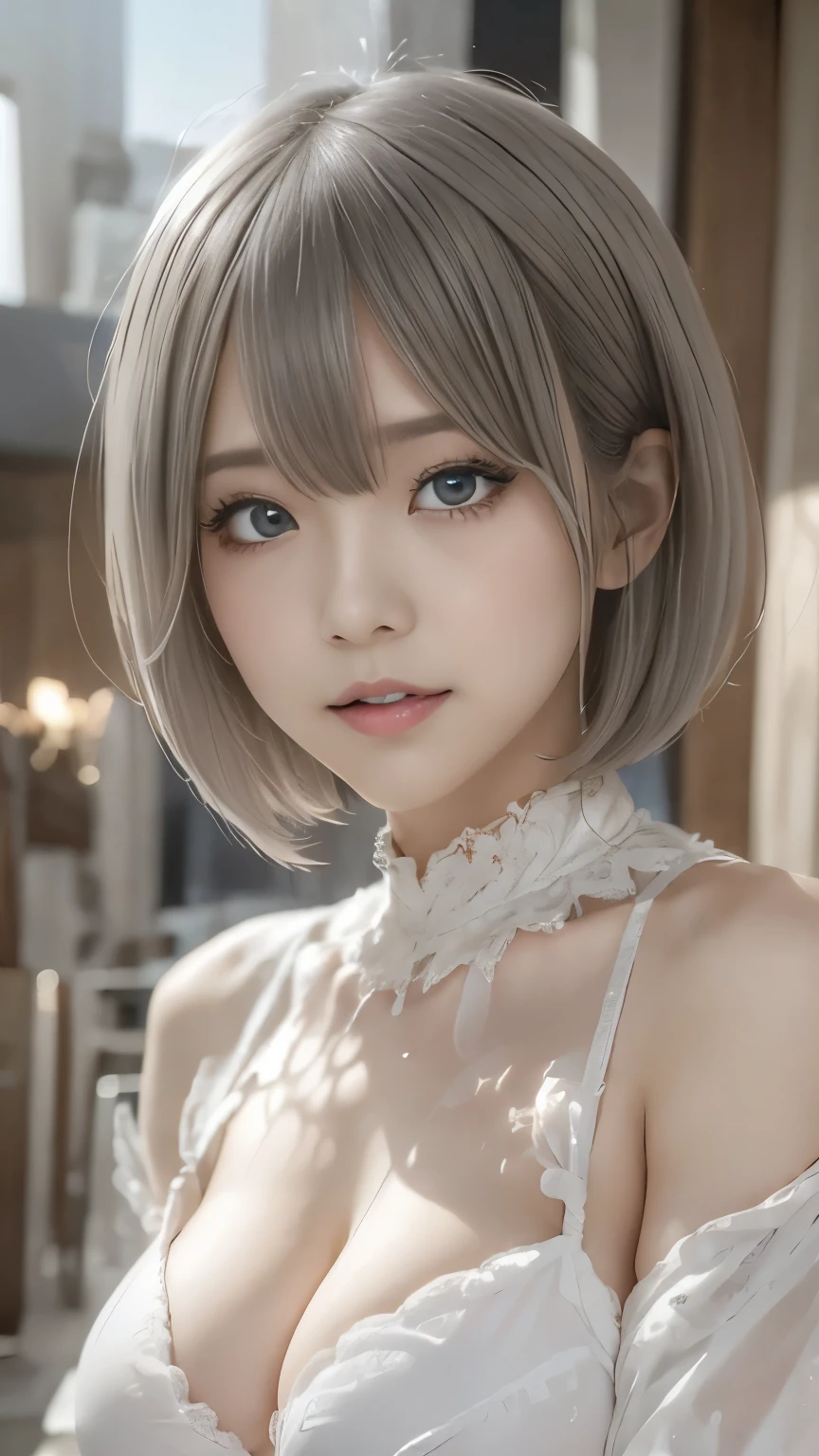 ((high quality)),Tabletop,(Detailed depiction of the local area:1.2),1 Japanese girl,(Ample breasts:1.3),Enchanted Valley,Mouth closed,eyelash,Looking at the audience,Portraiture,alone,Upper Body,Gray Hair,White Theme,short hair,Silver Hair,Yoruhano. 2 Type B,