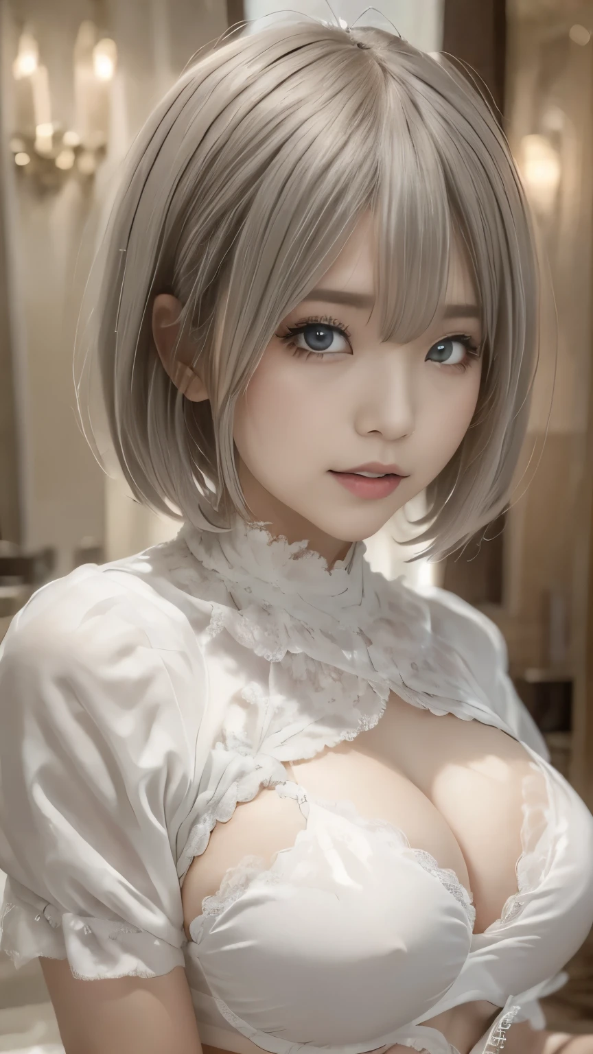 ((high quality)),Tabletop,(Detailed depiction of the local area:1.2),1 Japanese girl,(Ample breasts:1.3),Enchanted Valley,Mouth closed,eyelash,Looking at the audience,Portraiture,alone,Upper Body,Gray Hair,White Theme,short hair,Silver Hair,Yoruhano. 2 Type B,