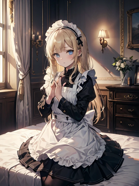 (8k, highest quality, Tabletop:1.2)、Ultra-high resolution, One , Perfect Fingers, Detailed face, blue eyes, Blonde, Straight Hair, Long Hair, Black maid outfit, Inside the castle, Bedroom、Making the bed