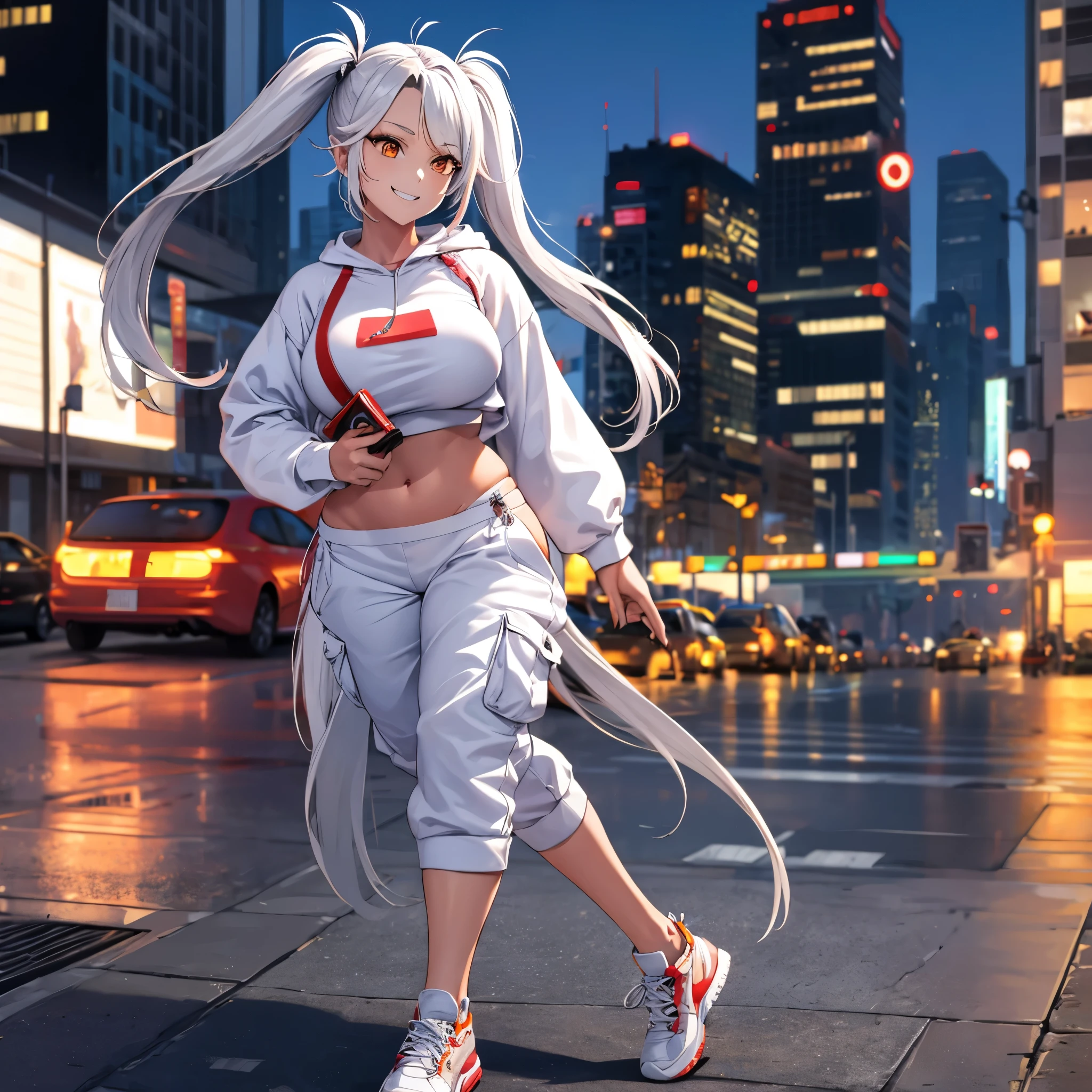 A woman wearing a white sweatshirt, white cargo pants, sports sneakers, long white hair, red bangs, pigtails, orange eyes, smiling, walking on a sidewalk in a big city,full body, stereogram, tachi-e, point of view, atmospheric perspective, 8k, superdetail, accurate, best quality, award-winning, textured skin, high resolution, anatomically correct, bokeh effect, ((woman solo).
