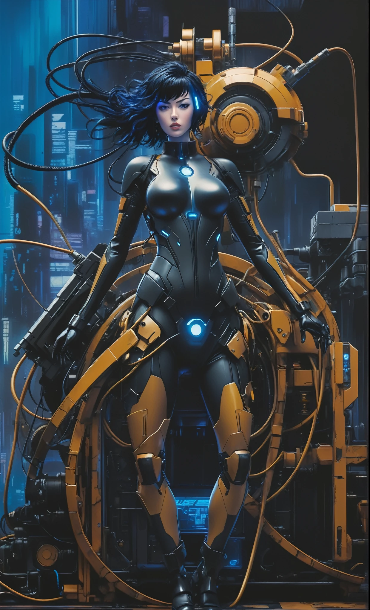 Ghost in the Shell Vol.2, by Luis Duarte, Luis Duarte style, blue and black shading, Neo-Tokyo style, Element Air, Mythpunk, Graphic Interface, Sci-Fic Art, Dark Influence, NijiExpress 3D v3, Kinetic Art, Datanoshing, Oilpainting, Ink v3, Splash style, Abstract Art, Abstract Tech, Cyber Tech Elements, Futuristic, Illustrated v3, Deco Influence, AirBrush style, drawing