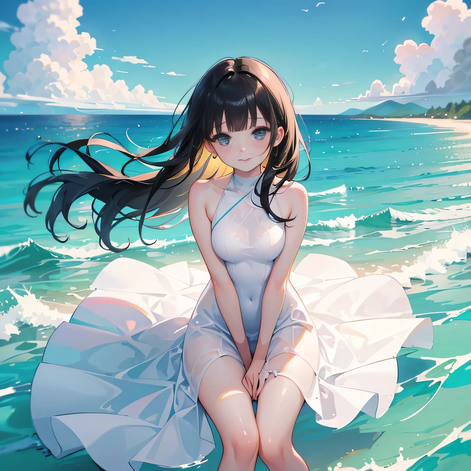 full body,high angle,from above,((both arms down)),(White elegant summer dress,one piece swimsuit),((1girl,cute,young,semi long beautiful black hair,blunt bangs,beautiful eyes)),(solo),((masterpiece, highest resolution,best quality)), (beautiful illustration),(looking at the viewer), innocent lovely smile,cinematic lighting,beautiful emerald green beach, white sand,waves,clouds,blue sky