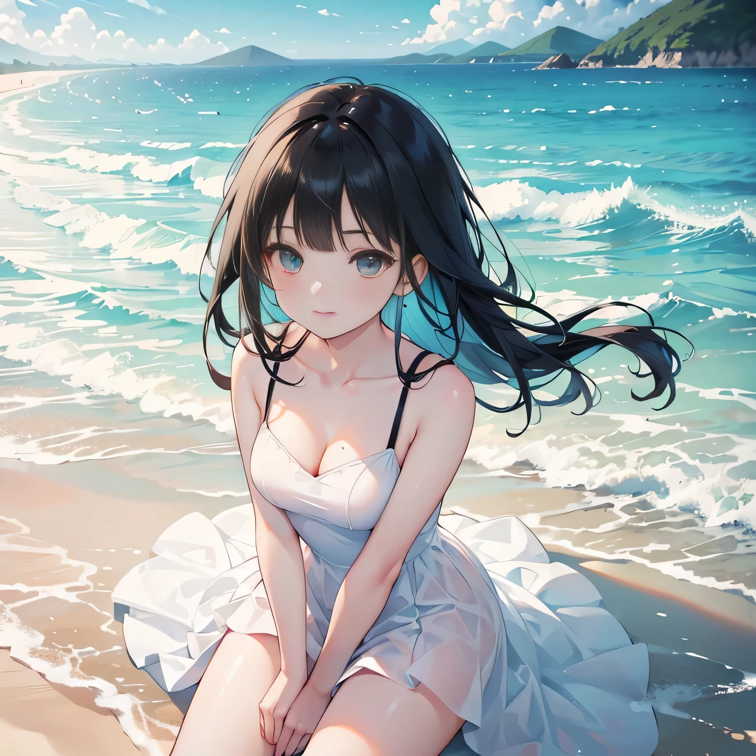 full body,high angle,from above,((both arms down)),(White elegant summer dress,one piece swimsuit),((1girl,cute,young,semi long beautiful black hair,blunt bangs,beautiful eyes)),(solo),((masterpiece, highest resolution,best quality)), (beautiful illustration),(looking at the viewer), innocent lovely smile,cinematic lighting,beautiful emerald green beach, white sand,waves,clouds,blue sky