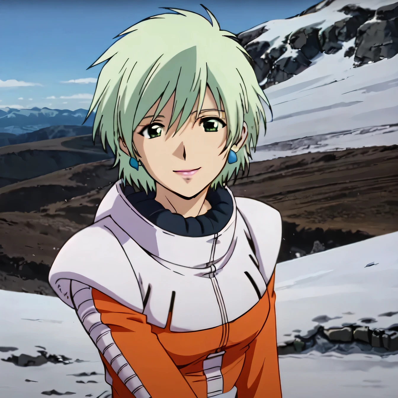 masterpiece,high quality,alone,
View Viewer,smile,
Ina Sakhalin,One girl,
short hair,Silver-green hair,Earrings,Green Eyes,lipstick,
Orange pilot suit,
Snow Field,Mountain,