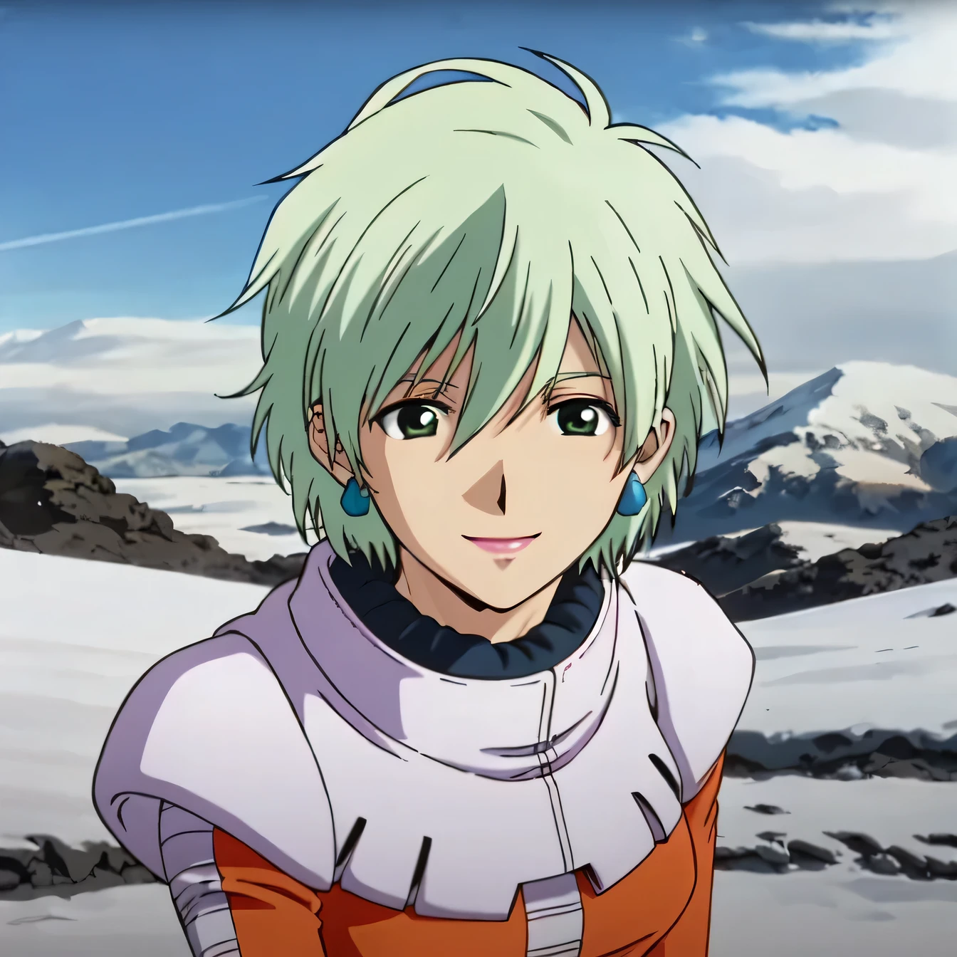 masterpiece,high quality,alone,
View Viewer,smile,
Ina Sakhalin,One girl,
short hair,Silver-green hair,Earrings,Green Eyes,lipstick,
Orange pilot suit,
Snow Field,Mountain,