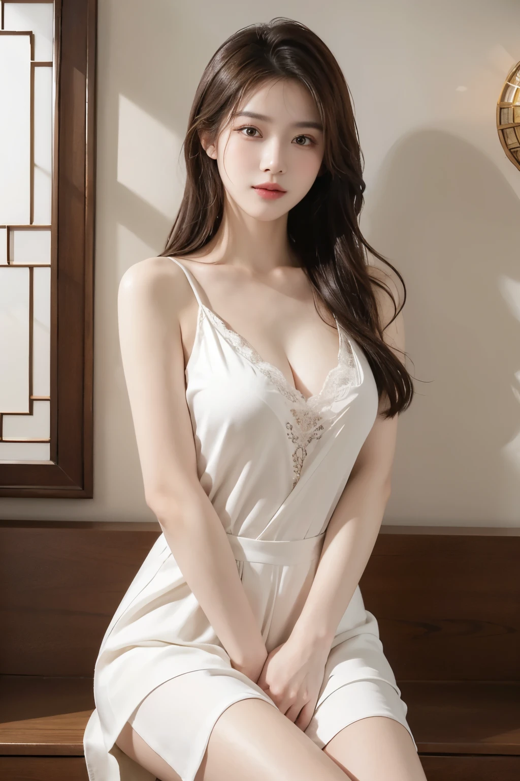 (masterpiece)), ((best quality)), (Super detailed), illustration, beautiful art, artistic, actual, 8k, wallpaper,, Well composed, good art, landscape, ish, medium sized breasts,Delicate skin, (oily skin), Glowing and radiant skin, Delicate skin, (shift dress,Chinese style,rice,low cut,silk,Uniform clothing)