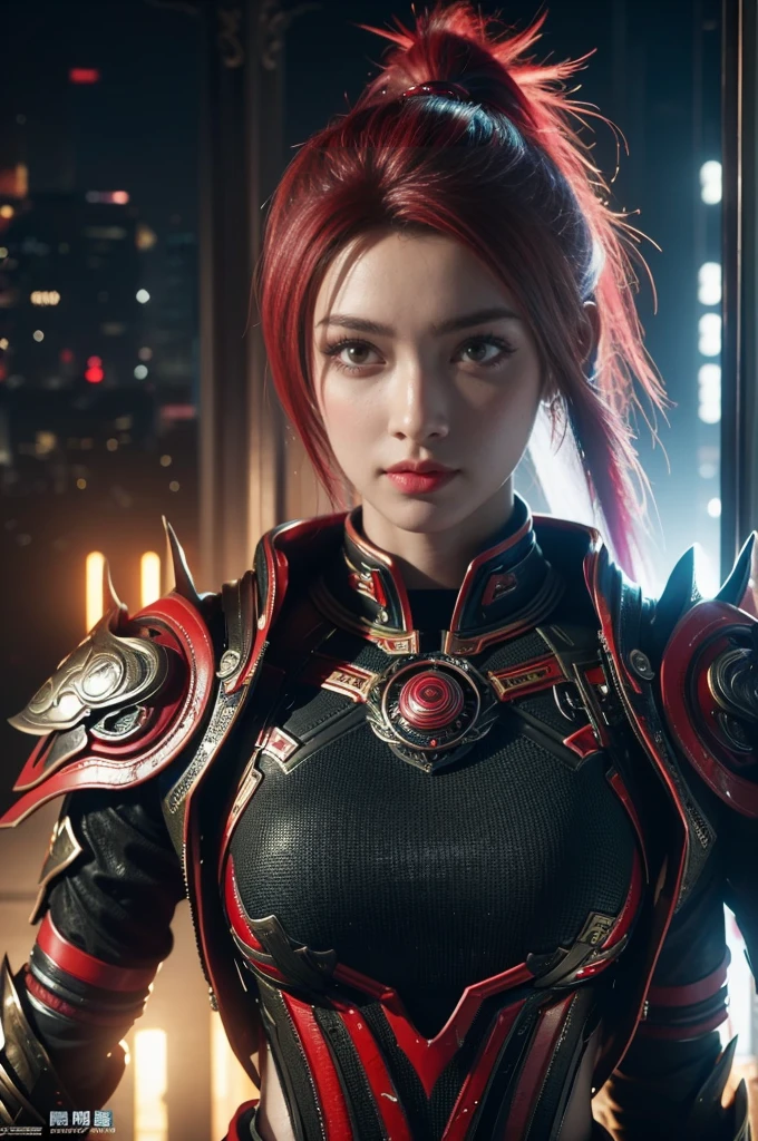 Game Art，Best picture quality，Maximum resolution，8K，((A bust photo))，((portrait))，((Head close-up))，(Rule of Thirds)，Unreal Engine 5 rendering works， (Future Girl)，(Female Warrior)， 22-year-old young hacker)，(Rainbow hair，Oriental hairstyle)，((Red pupils:1.3))，(Beautiful eyes full of details)，(Large Breasts)，(Eyeshadow)，Elegant and charming，indifferent，((anger))，(Futuristic cyberpunk jacket，Combined Armor，There are exquisite Chinese patterns on the clothes，The sparkle of jewelry)，Cyberpunk Characters，Future Style， Photo poses，City background，light，Ray Tracing，Game CG，((3D Unreal Engine))，oc rendering reflection pattern