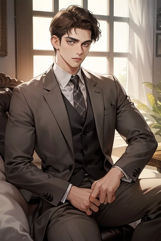 masterpiece, best quality, realistic, 1man, mature male, quiet and charming young man, 25 year old, serious look, closed mouth, portrait, extremely detailed face, cold smile, ((dark grey eyes)), ((short-right-swept dark brown hair)), [thick eyebrows], ((suit)), handsome, full body, western, Jewish, light brown skin,