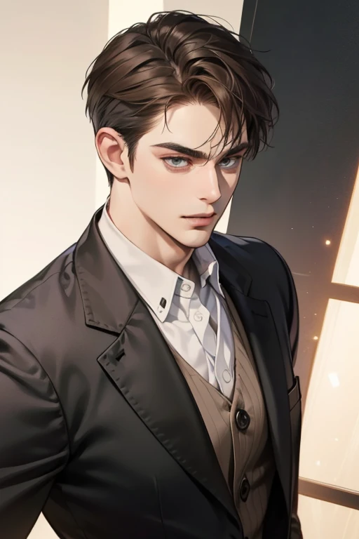masterpiece, best quality, realistic, 1man, mature male, quiet and charming young man, 25 year old, serious look, closed mouth, portrait, extremely detailed face, cold smile, ((dark grey eyes)), ((short-right-swept dark brown hair)), [thick eyebrows], ((suit)), handsome, full body, western, Jewish, light brown skin,