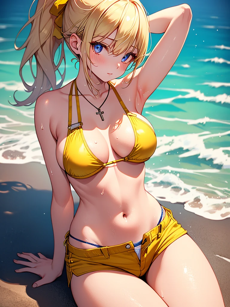 (highest quality, High resolution, perfect pixel, Depth of bounds written, 4K), (high angle shot), (cowboy shot), (looking up), beach, detailed eyes, (1 lady), tall, (skinny body:1.2) , (thin thighs:1.2), (Narrow :1.2), , blond hair, (ponytail:1.2), (yellow Short pants :1.2), (unbutton:1.3), (cross halter ), (rio cut pants), ( strap:1.3), (denim short ), ( pose sitting sideways), (arms behind head), (armpit:1.3), (clear face), sweat, 