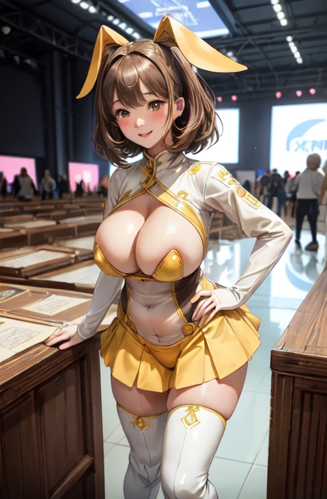 One woman standing solo, /(Grid Girls/) /(Yellow costume with logo/) mini skirt, Mature Woman, /(Brown Hair/) bangs, A gentle blushing smile, (Masterpiece of the highest quality:1.2) Delicate illustrations, super detailed, Big Breasts, Thigh High Boots Break /(Motor show indoors/), audience, Detailed Background、Camel Toe、Giant tit、Nipple Puffs、Cleavage、Plump、Super big breasts、Super big butt、Blonde、Gal