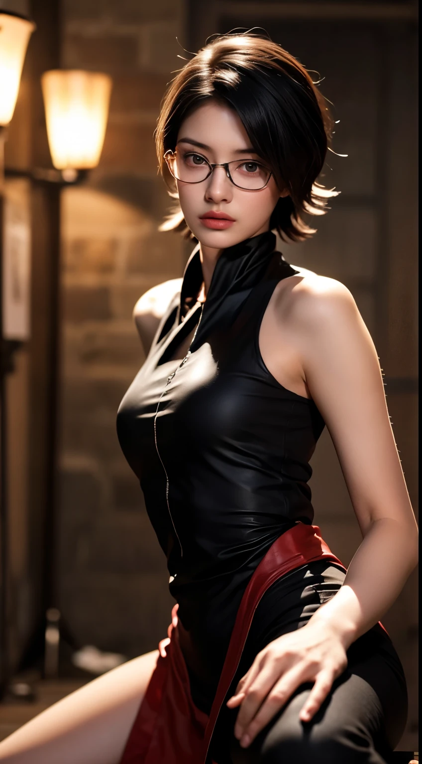 cute face, (highres,masterpiece:1.2),ultra-detailed,realistic,professional,beautiful detailed eyes,beautiful detailed lips,dark hair,short black hair,red glasses,stunning black eyes,clear skin,18-year-old girl,fashionable short hairstyle,vibrant red glasses,Shinobi Academy,fierce determination,confident posture,crimson outfit, background filled with ninjutsu techniques,shadows cleverly accentuating her features,subtle studio lighting,sublime realism,striking color tones, dynamic pose, medium breasts, spread legs..