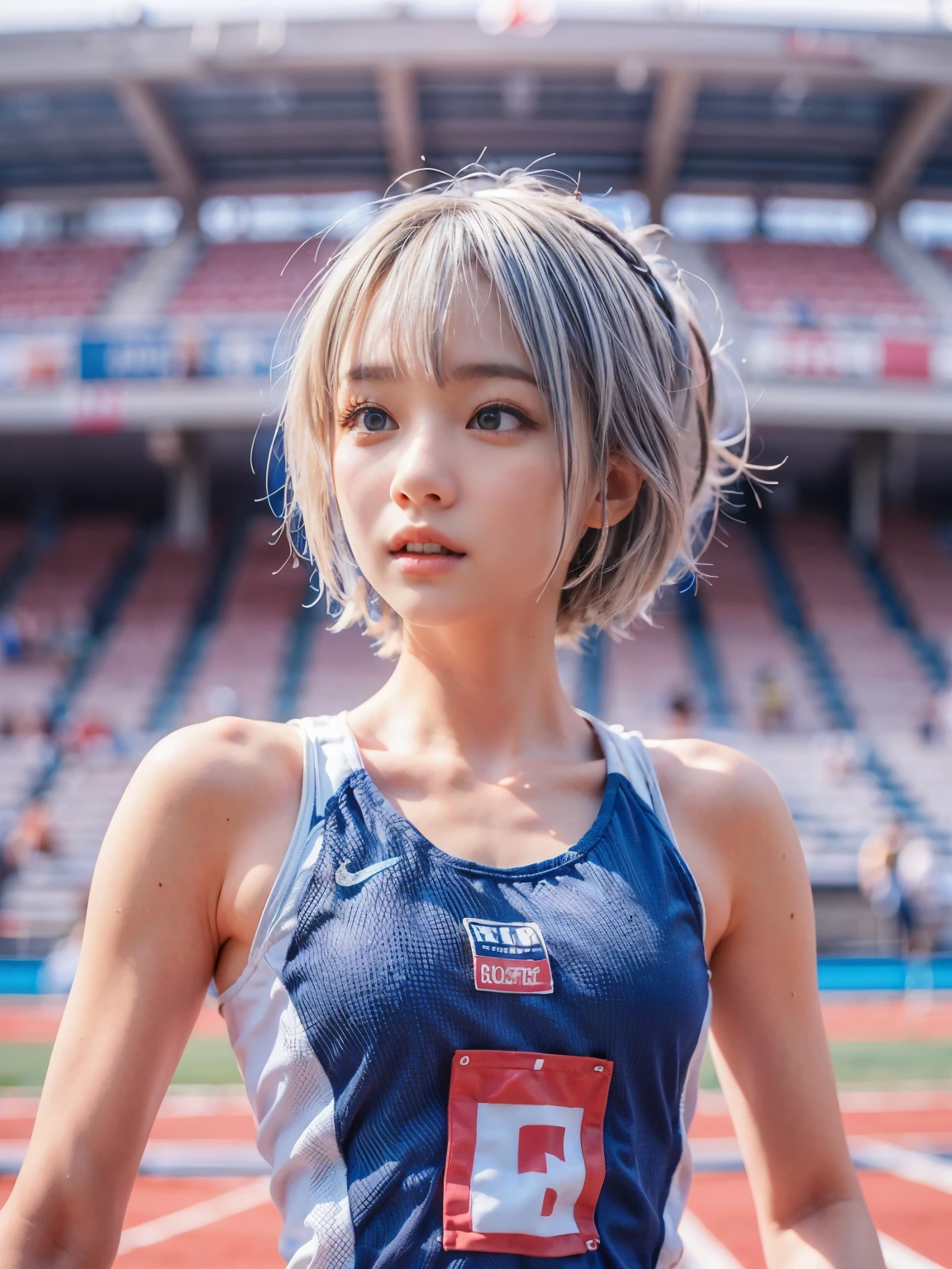 Japanese women、 Beautiful Face、(Realistic:1.3), Intricate details、(Ultra-Realistic Rendering:1.3), Light blue hair, Short Bob、Moonlight Eyes, Soft lighting, Track and field wear、Athletics Stadium、Long Jump、Full body photography
