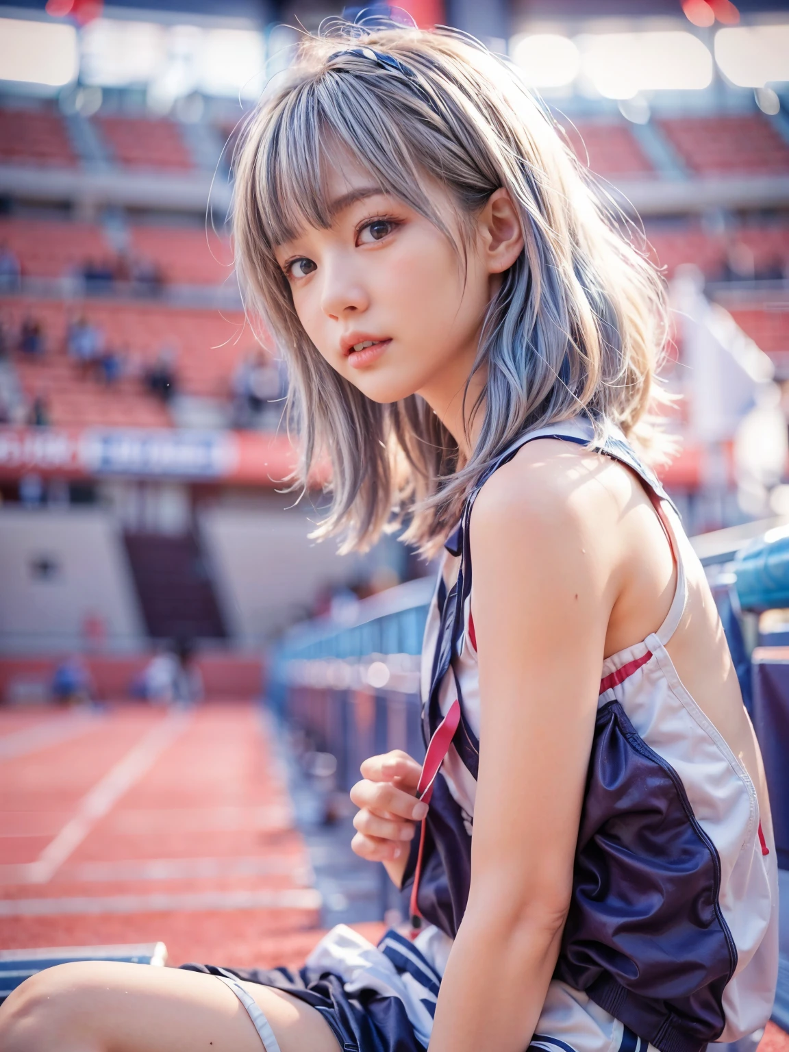 Japanese women、 Beautiful Face、(Realistic:1.3), Intricate details、(Ultra-Realistic Rendering:1.3), Light blue hair, Short Bob、Moonlight Eyes, Soft lighting, Track and field wear、Athletics Stadium、Long Jump、Full body photography