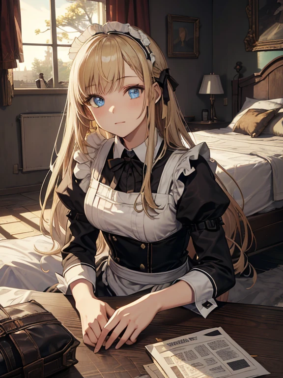 (8k, highest quality, Tabletop:1.2)、Ultra-high resolution, One 14-year-old girl, Perfect Fingers, Detailed face, blue eyes, Blonde, Straight Hair, Long Hair, Black maid outfit, Inside the castle, Bedroom、Making the bed