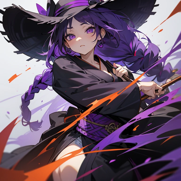Masterpiece, best quality, expressive eyes, perfect face,, 1girl, breasts, solo, purple and black kimono, straw hat, purple hair, multicolored hair, black hair, twin braids, long hair, skeleton mask, twin scythes, holding_weapon, 