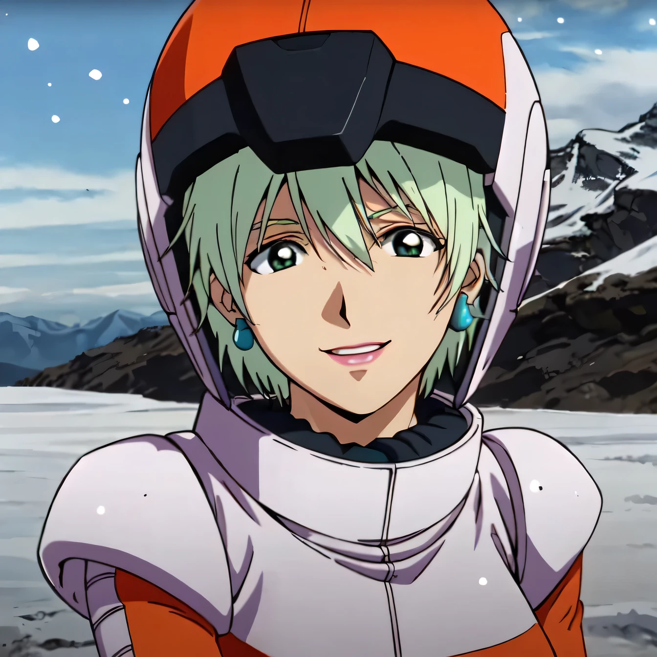 masterpiece,high quality,alone, View Viewer,smile, Ina Sakhalin,One girl, short hair,Silver-green hair,Earrings,Green Eyes,lipstick, Helmet、Orange pilot suit, Snow Field,Mountain,

