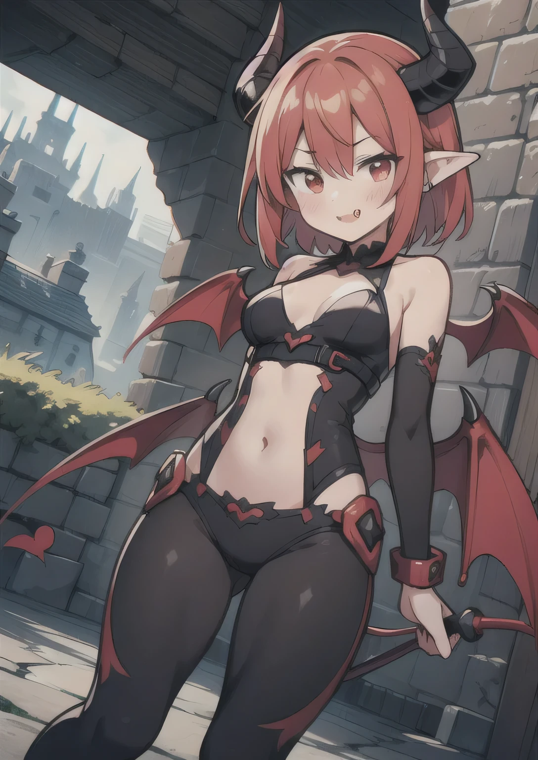 8K, 3girl, petit, , kawaii vampire, crimson hair, short hair, red eyes, fang, bat wings, smile, (blush), (shy), pointed ears, looking at viewer, dynamic angle, wind, game cg, fantastic scenery, demon tail, thin tail, black horns, medium breast, latex, kissing, sexy, dungeons, summon, magic, bulge, show bulge,