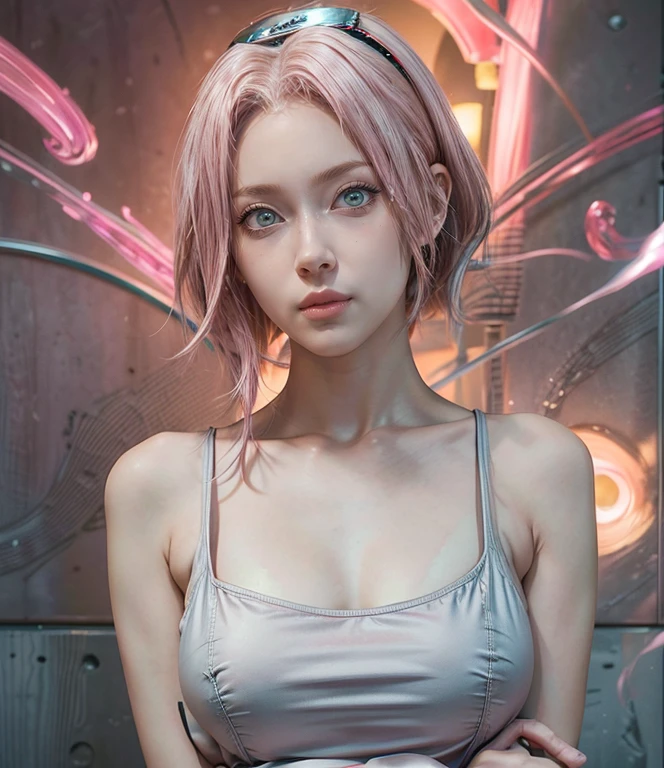 young woman, short shoulder-length pink hair, wide forehead, porcelain skin, pink eyebrows, big emerald green eyes, buttoned nose, full lips, heart-shaped face, slender body, small breasts, red tank top, Sakura Haruno , realistic, realism, details, 3d, well detailed

