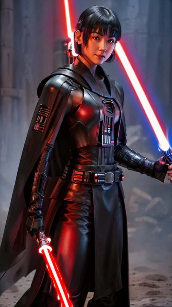 oriental girl, short bob cut black hair, bang, evil grin, pale skin, sith lord from star wars, wearing dark armor, black cape, holding a red lightsaber, modelling pose, cowboy shot, Ultra high res, uhd, (photorealistic:1.4), lighting from below