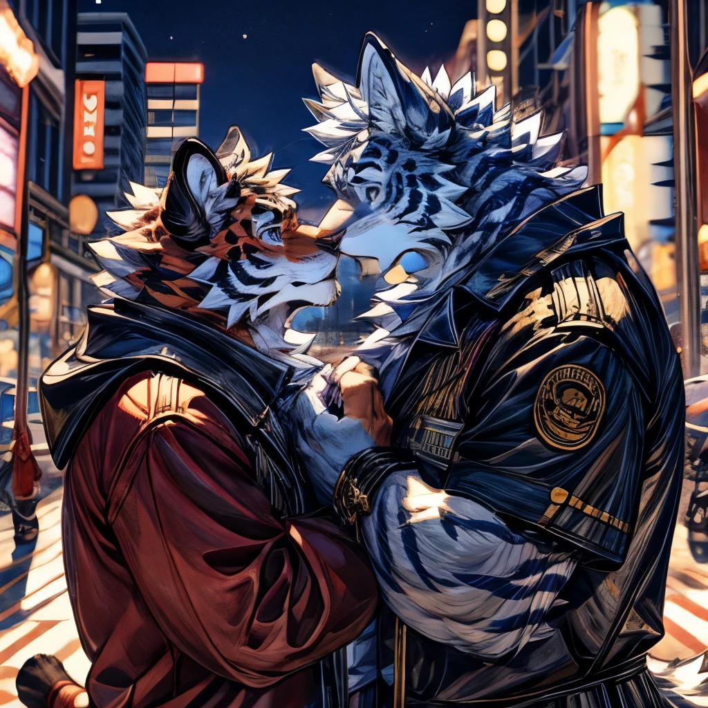 masterpiece,High quality,furry,(two man),(A tiger kissing a wolf),cute,embarrassed expression,perfect background,Around 18 years old,whole body,city,There are two species,