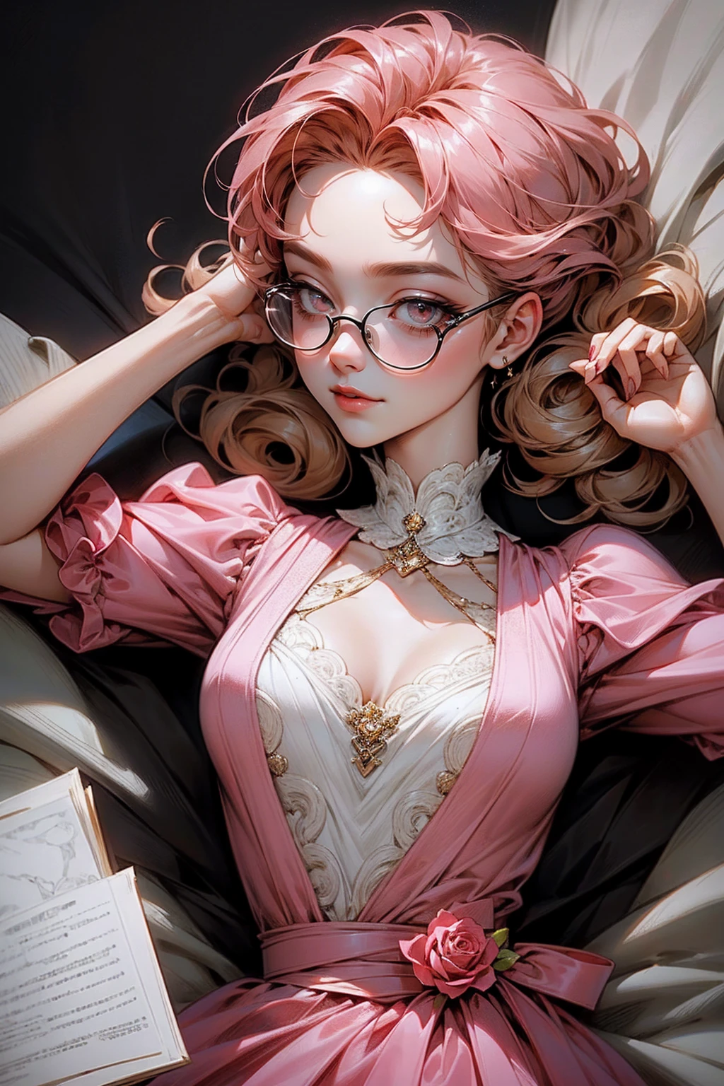 {-erro_de_anatomia:1.0}(best quality,4k,8k,highres,masterpiece:1.2) Anime girl tuxedo with curly rose gold hair and round gold glasses, rose gold eyes. Guviz style art, attractive detailed art style, Charlie Bowater Style, 1 7 - year - old cute anime girl, detailed manga style, detailed anime character art, germ of art. High detail, stunning manga art style. Rose dress. (pink dress) . Wearing rose gold Victorian clothing. Dancing, walking, drinking, reading, writing, lying, standing, on your back, dynamic poses, smile, closed mouth. Different Pose, upper body