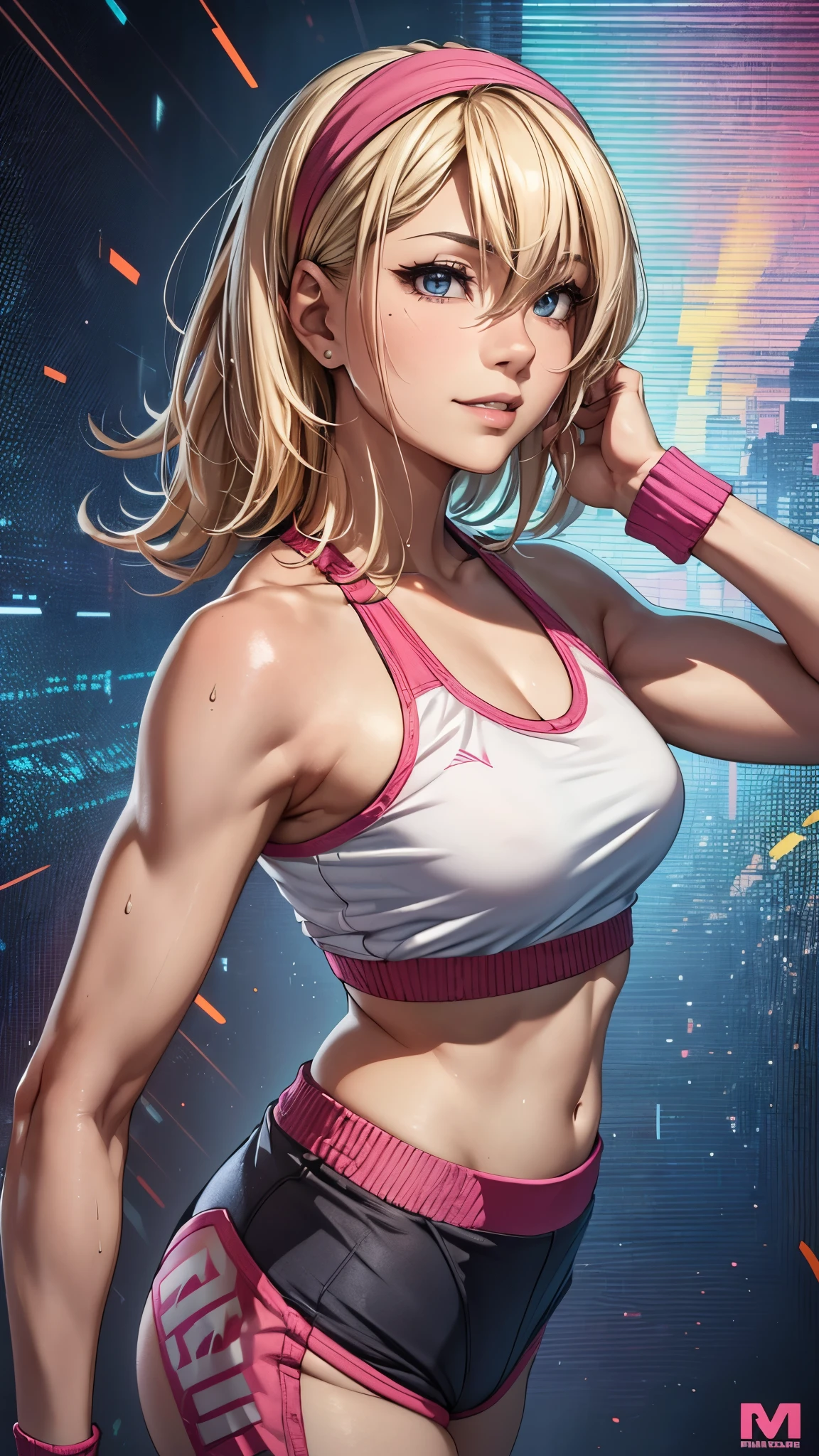 (best quality,4k,8k,highres,masterpiece:1.2),ultra-detailed,(realistic,photorealistic,photo-realistic:1.37),inside the sports gym,dance studio,full body,very slender body,beautiful detailed eyes,beautiful detailed lips,extremely detailed eyes and face,longeyelashes,lean and fit body,confident smile,energetic pose,attractive appearance,colorful background,vibrant colors,studio lighting,bokeh,female artist, girl,professional,blonde short bob hair,((sweatband)),aerobics instructor,grin,sweat,active lifestyle,sporty look,sports bra,shorts,((socks,race-up-long-boots)),flexible movements,slenderness body,shiny texture,sculpted figure,progressive fitness environment,positive attitude,healthy glow,fitness motivation,dedicated trainer