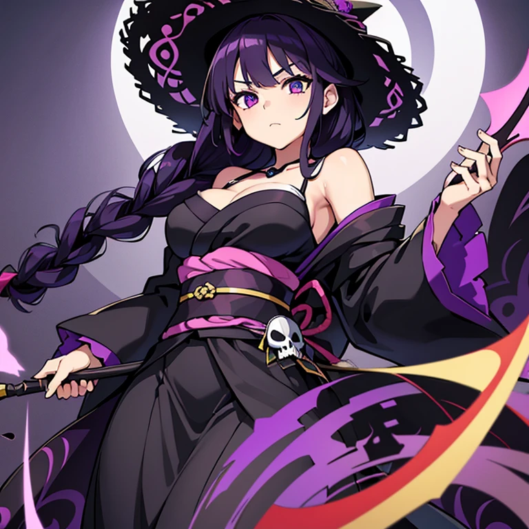 Masterpiece, best quality, expressive eyes, perfect face,, 1girl, breasts, solo, purple and black kimono, straw hat, purple hair, multicolored hair, black hair, twin braids, long hair, skeleton mask, twin scythes, holding_weapon, 