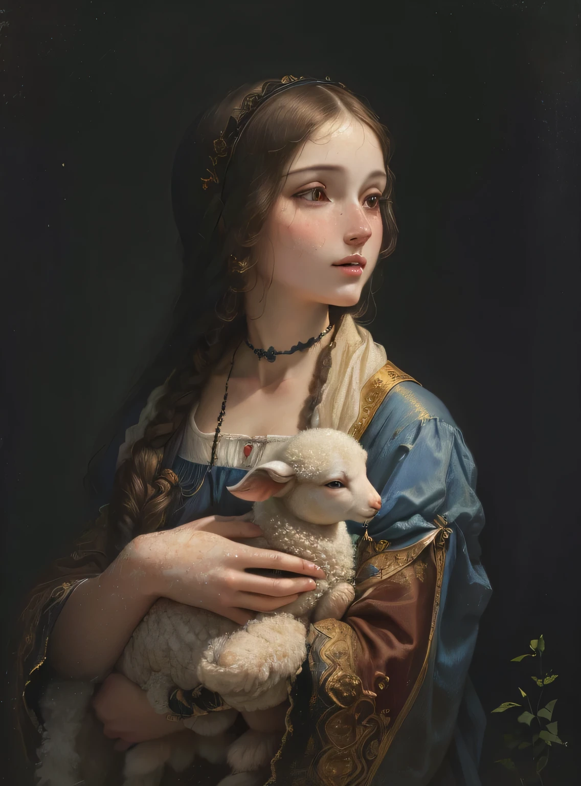 (best quality,4k,highres,masterpiece:1.2),ultra-detailed,realistic,photorealistic:1.37,Arafed woman holding a baby lamb in her arms,Leonardo Da Vinci inspired,Fine art,15th century European style,[oil painting], detailed facial features,expressive eyes and lips,[beautiful flowing dress],[flowing hair],gentle countryside background,captures the tenderness and innocence,soft natural lighting,subtle color palette,vibrant brushstrokes and textures,ethereal atmosphere