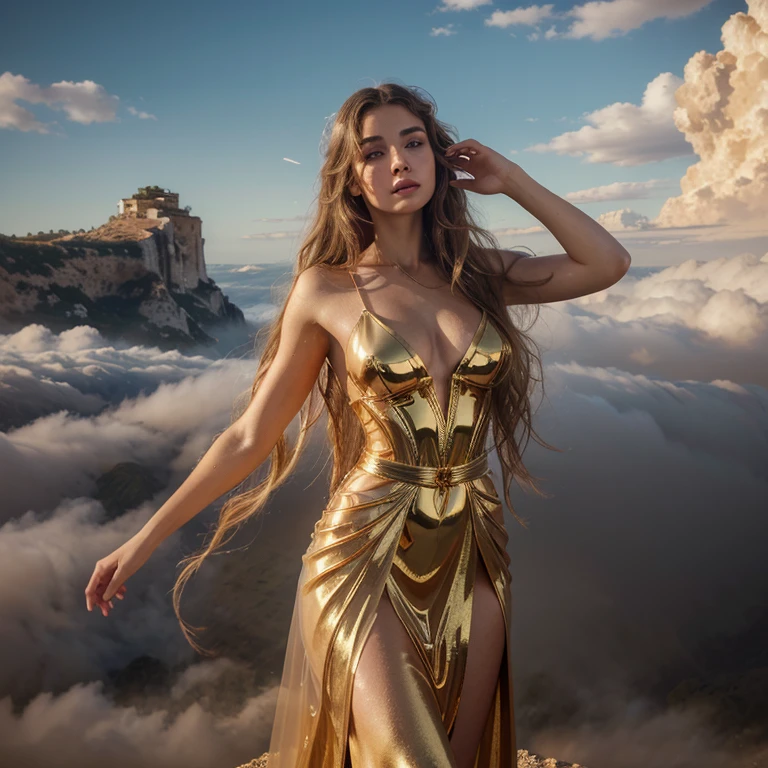 ((best quality)), ((masterpiece)), (detailed), perfect face Aphrodite, seductive, unreal engine, hyper realistic, ultra detailed, model style, perfect model, floating in the air, above the clouds, waist long golden hair, wavy hair, glorious transparent long dress, shiny skin