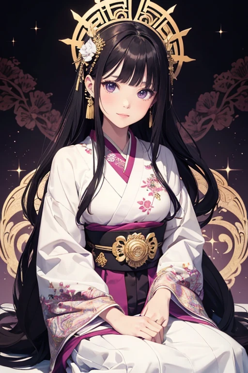 (elegant,whimsical,illustration),(Queen),(gold furisode),(sitting),(top of a crescent moon),(black hair),(purple eyes),(isolated black background),(intricately detailed patterns),(whimsy style),(soft pastel colors),(best quality,highres),(high contrast),(digital art),(cool and cute style),(wide angle),(3:4 aspect ratio),(6 colors) smile