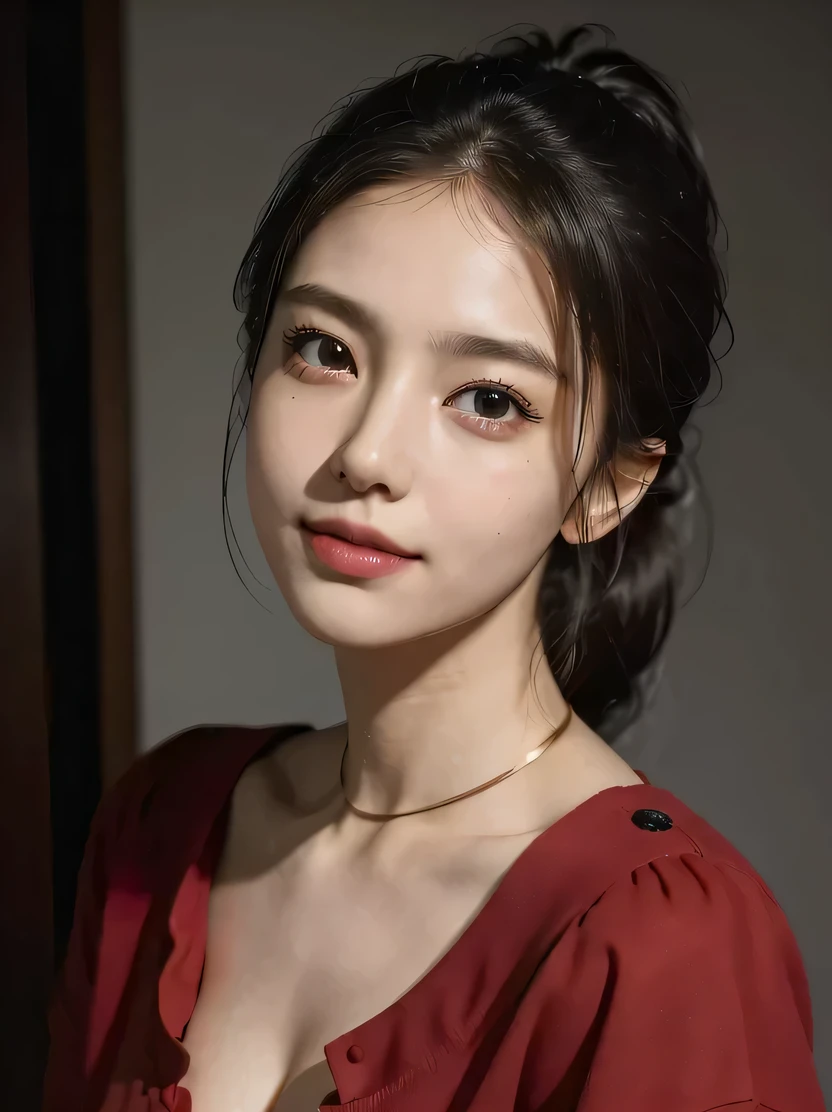 ((masterpiece、highest quality、Very detailed、High resolution、Photorealistic、Sharp focus、Cinema Lighting))、((One Woman、Mid Shot、Focus on the chest up、Face Light))、High contrast、ponytail、A light smile、Collared shirt、Dramatic lighting、View from below