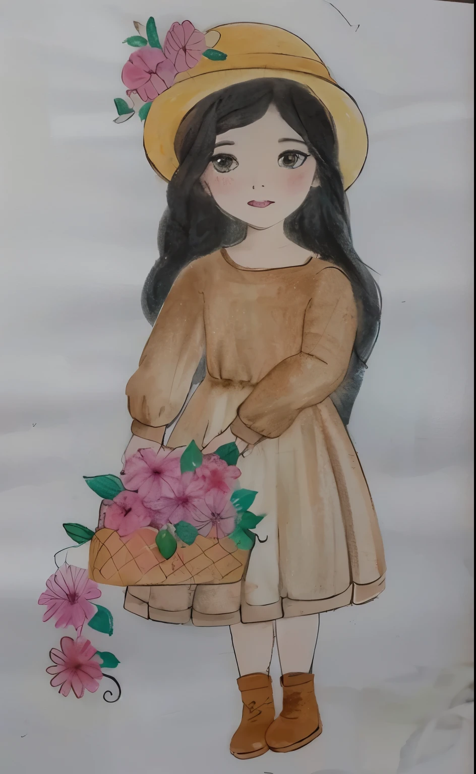 desenho de uma  com uma cesta de flores, com seus cabelos negros usando chapeu, watercolored, pastel artwork, colored sketch, colorized pencil sketch
