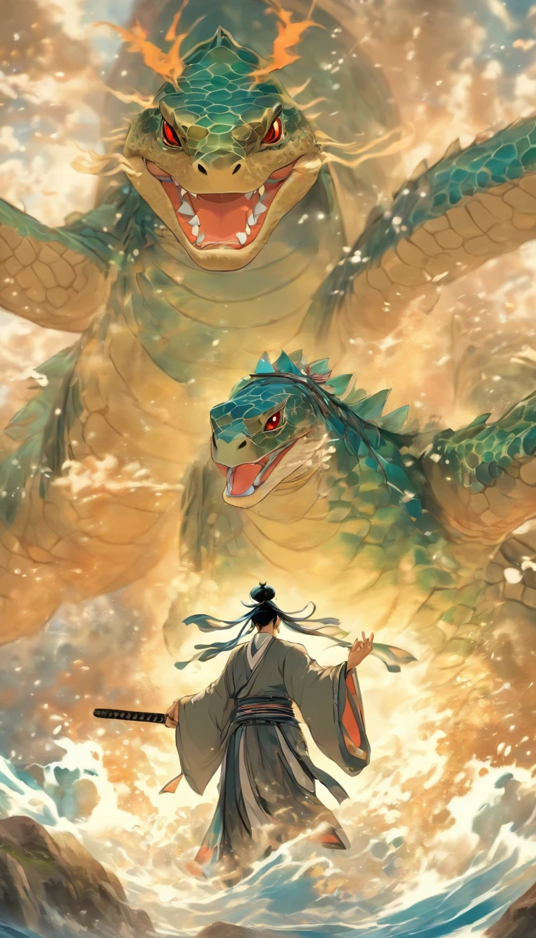 China-style,The scene is,The Taoist priest stood in front of the giant roaring water turtle,Hideous,with thorns,blue colors,Stretch your hands,Long messy hair,Glow effects,Hyper-realistic,Ultra photo realsisim,Chinese black and white ink style,Silver,Decolorization,Smudge,ink,8K,super-fine,high qulity,(((OC renderer)))