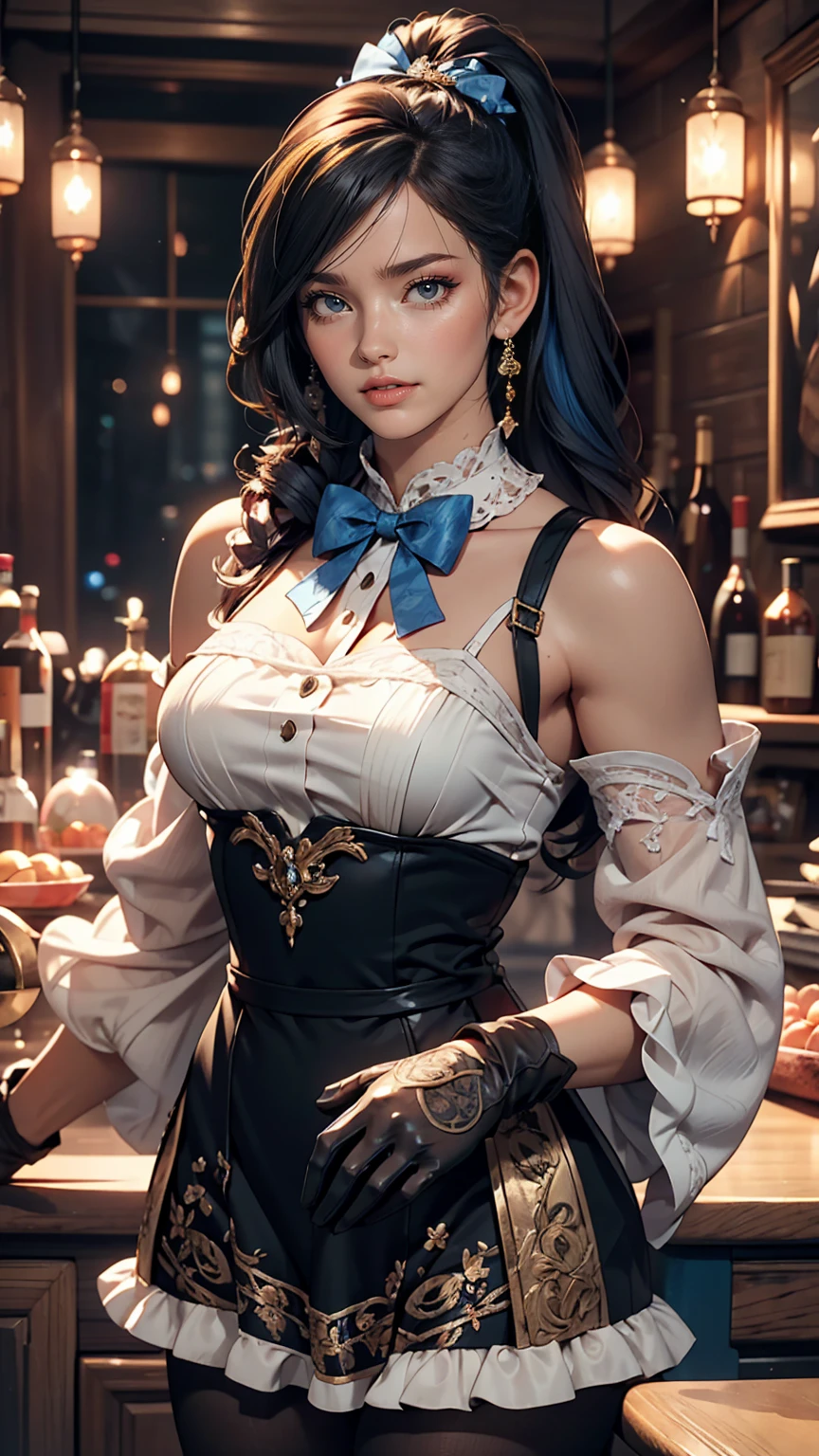 Beautiful mature woman,Realistic, masterpiece, Final Details, Photo Real, Intricate details, Octane Rendering, 8k, One girl, Perfect face, Beautiful Face, New South Wales, Tank Reference, Hair Details,, 黒いbow, Black gloves, Black legs, blue eyes, Blue Hair, bow, dress, Drill Hair, frills, Mitt, Gwen, ヘッドdress, High resolution, Long Hair, Opened lips, Puffy sleeves, Purple eyes, smile, alone, White dress, Oilskin,