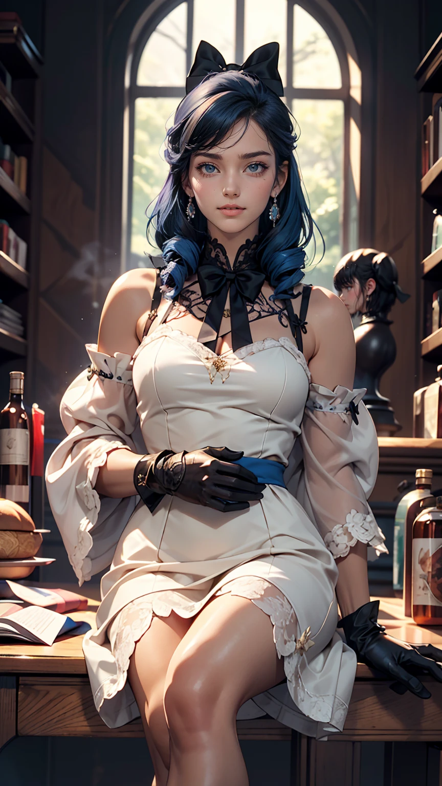 Beautiful mature woman,Realistic, masterpiece, Final Details, Photo Real, Intricate details, Octane Rendering, 8k, One girl, Perfect face, Beautiful Face, New South Wales, Tank Reference, Hair Details,, 黒いbow, Black gloves, Black legs, blue eyes, Blue Hair, bow, dress, Drill Hair, frills, Mitt, Gwen, ヘッドdress, High resolution, Long Hair, Opened lips, Puffy sleeves, Purple eyes, smile, alone, White dress, Oilskin,