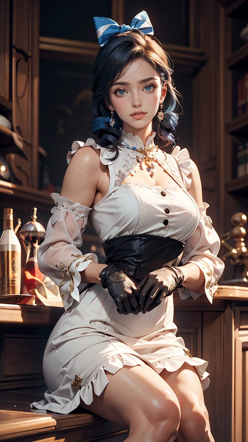 Beautiful mature woman,Realistic, masterpiece, Final Details, Photo Real, Intricate details, Octane Rendering, 8k, One girl, Perfect face, Beautiful Face, New South Wales, Tank Reference, Hair Details,, 黒いbow, Black gloves, Black legs, blue eyes, Blue Hair, bow, dress, Drill Hair, frills, Mitt, Gwen, ヘッドdress, High resolution, Long Hair, Opened lips, Puffy sleeves, Purple eyes, smile, alone, White dress, Oilskin,